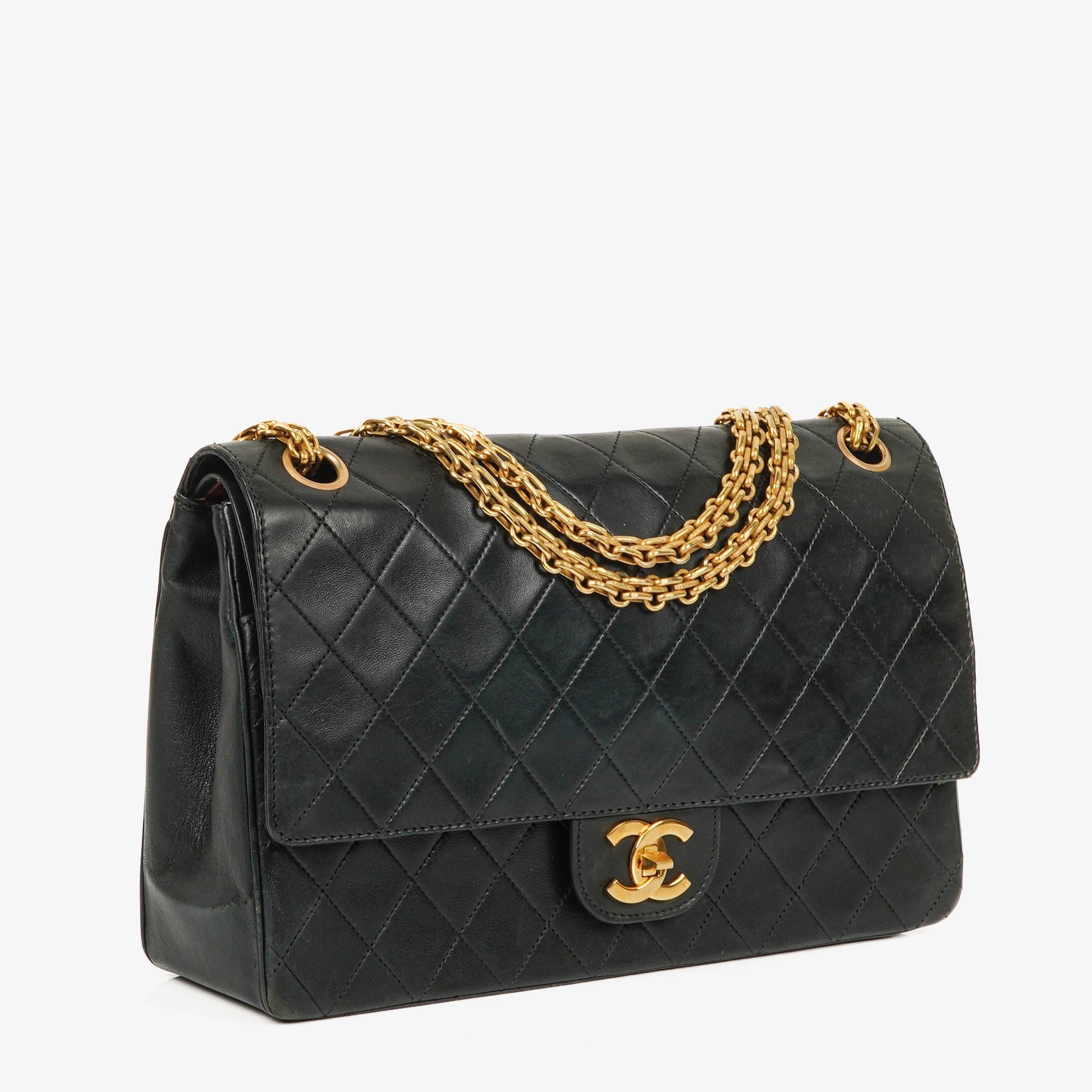 Chanel Vintage Medium Timeless Classic Double Flap Tasche aus schwarzem gestepptem Lammleder mit 24K vergoldeter Hardware und Mademoiselle-Kette
