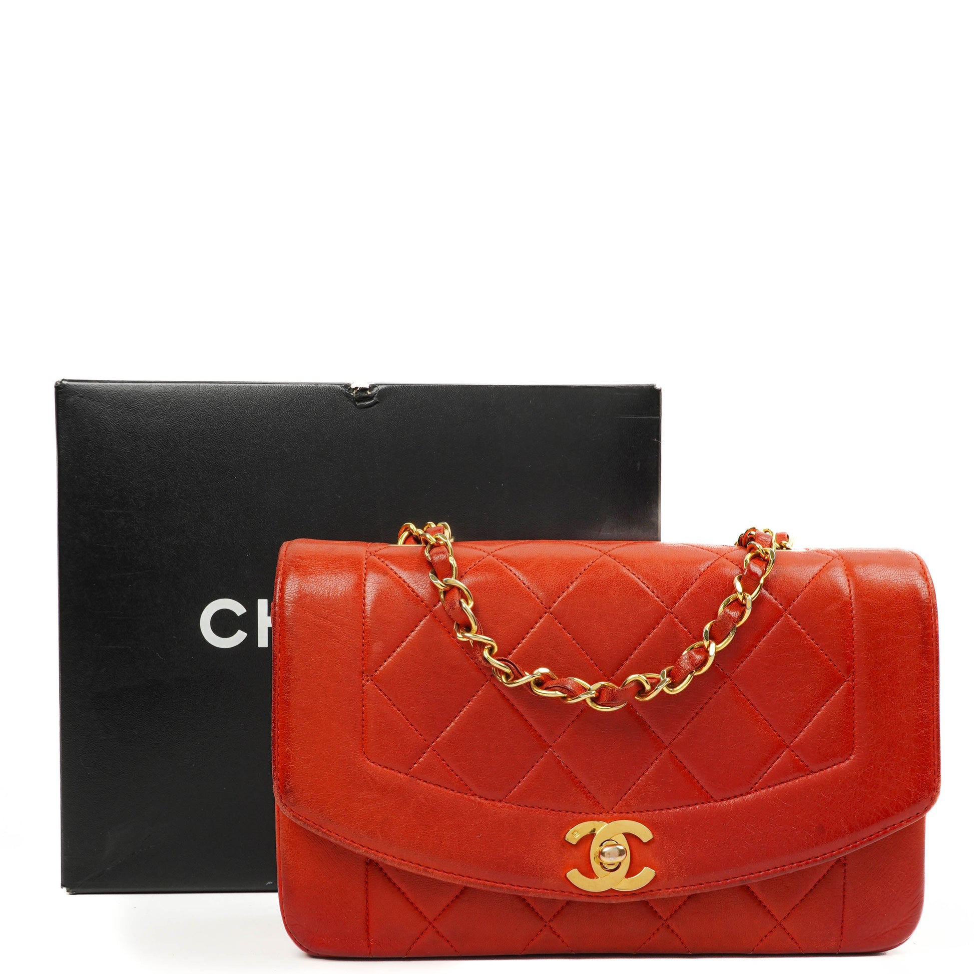 Chanel Vintage Small Diana Flap Tasche aus rotem gestepptem Leder mit 24K vergoldeten Beschlägen