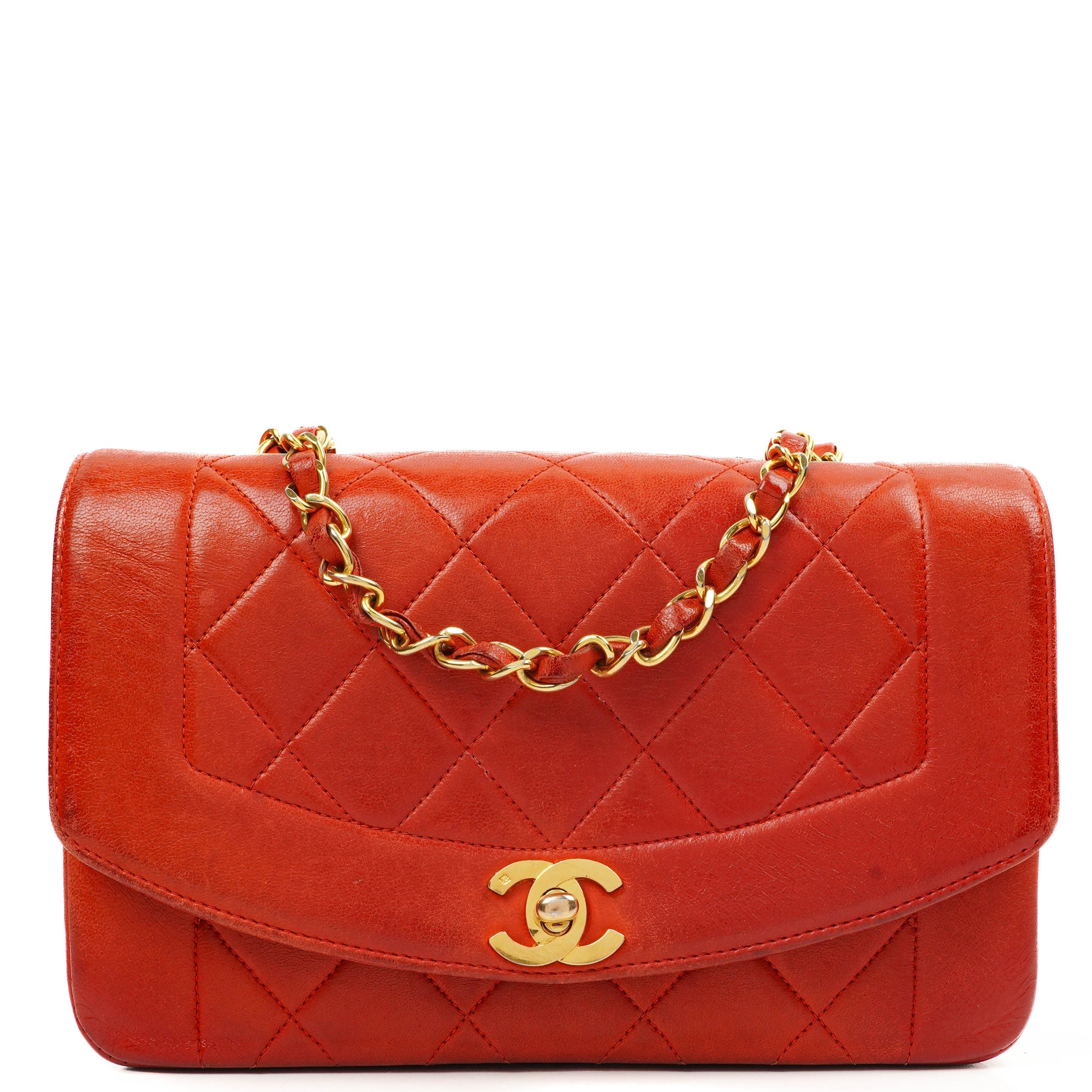 Chanel Vintage Small Diana Flap Tasche aus rotem gestepptem Leder mit 24K vergoldeten Beschlägen