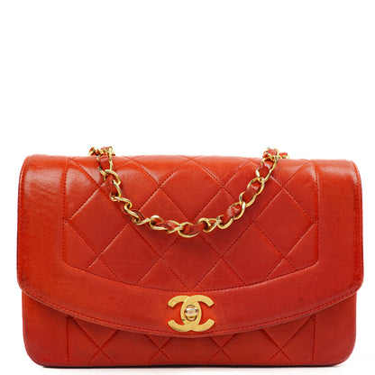 Chanel Vintage Small Diana Flap Tasche aus rotem gestepptem Leder mit 24K vergoldeten Beschlägen