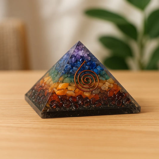 Orgonite pyramid with 7 chakra gemstones – energy cleansing