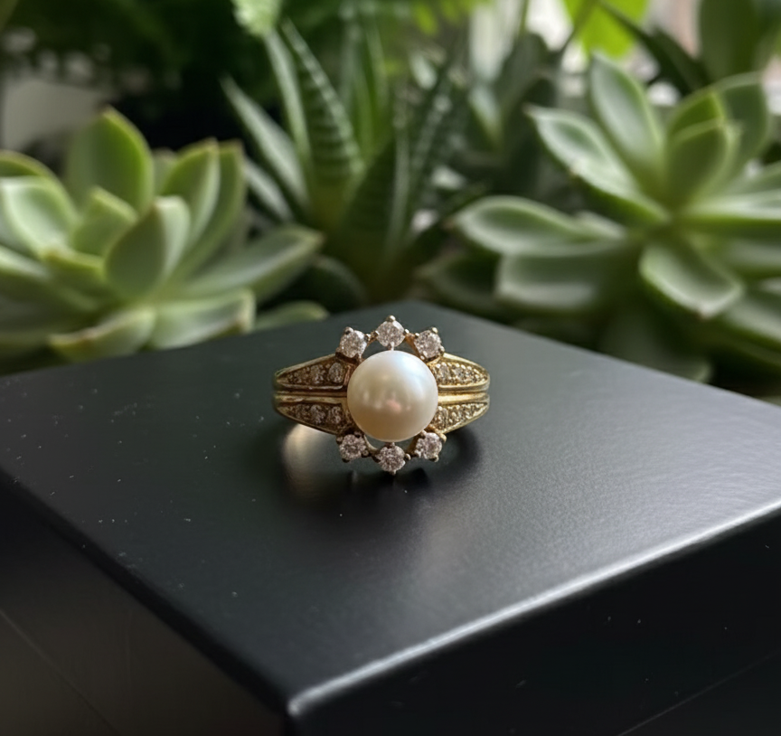 585 Goldring mit Perle & Diamanten 0,56ct