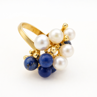 Vintage 14 Karat Goldring mit Lapislazuli & Zuchtperlen