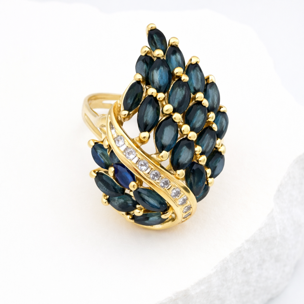 Vintage Saphir Diamant Ring 18K Gold | Atemberaubender Waterfall Cocktailring