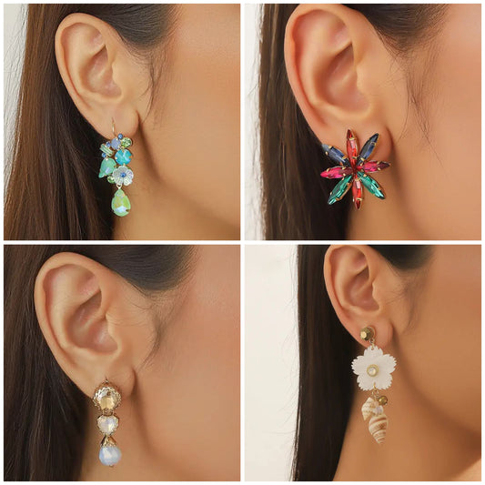 4 Designs Statement-Ohrringe – Blumen, Kristall, Muschel – Damen Modeschmuck