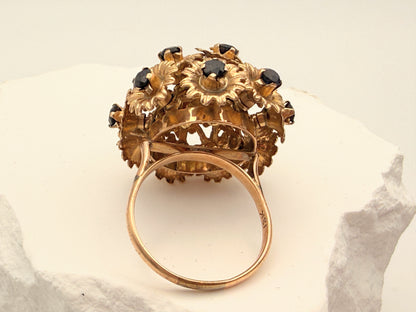 Prachtvolles Saphir-Bouquet: Vintage Cocktailring in 750 Gold, ca. 1960/70