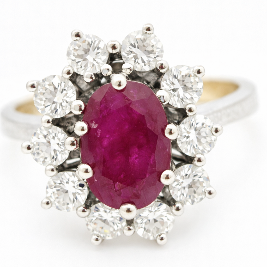 Vintage 14 Karat Gold Rubin Diamant Ring | Eleganter Halo Cluster Ring mit ovalem Rubin