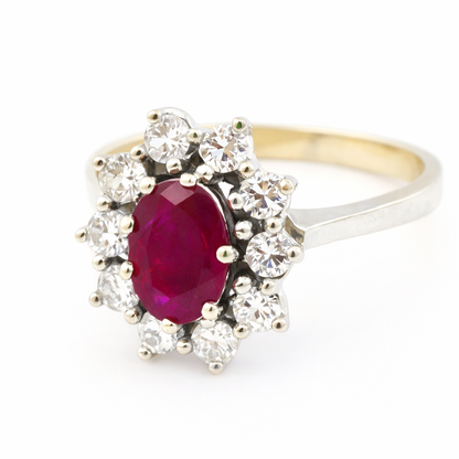 Vintage 14 Karat Gold Rubin Diamant Ring | Eleganter Halo Cluster Ring mit ovalem Rubin