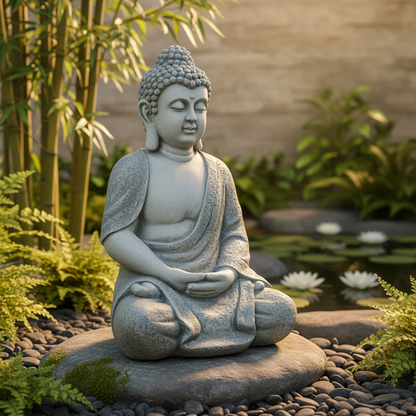 Sitzender Buddha 62 cm aus Poly – Graue Deko-Statue
