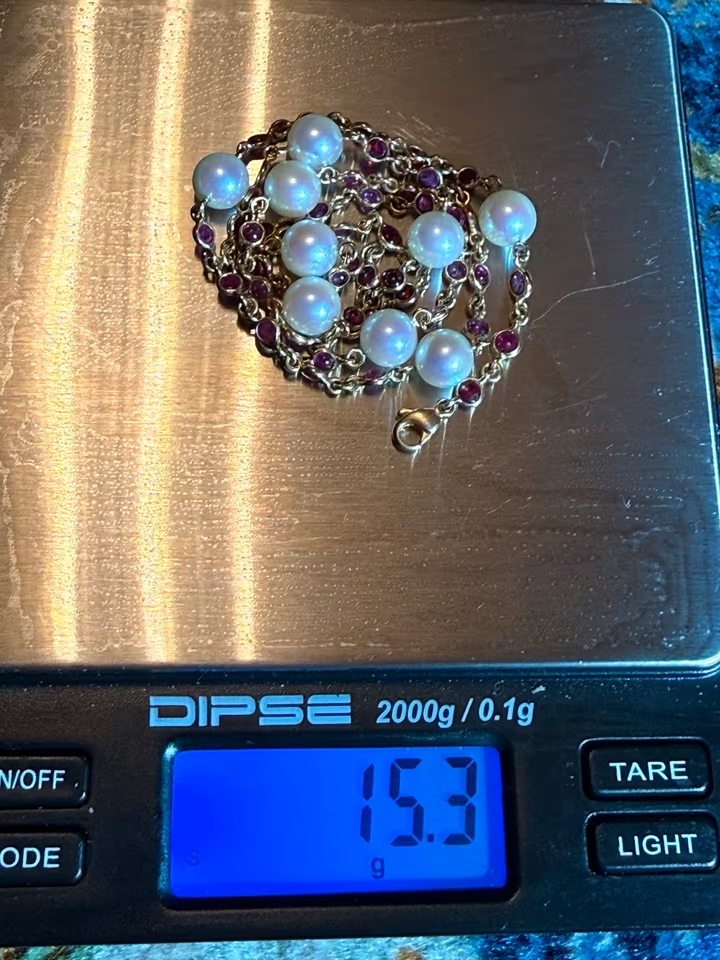 18K Goldkette Vintage 48 cm – Rubine & Zuchtperlen, 15,3 g, Gelbgold