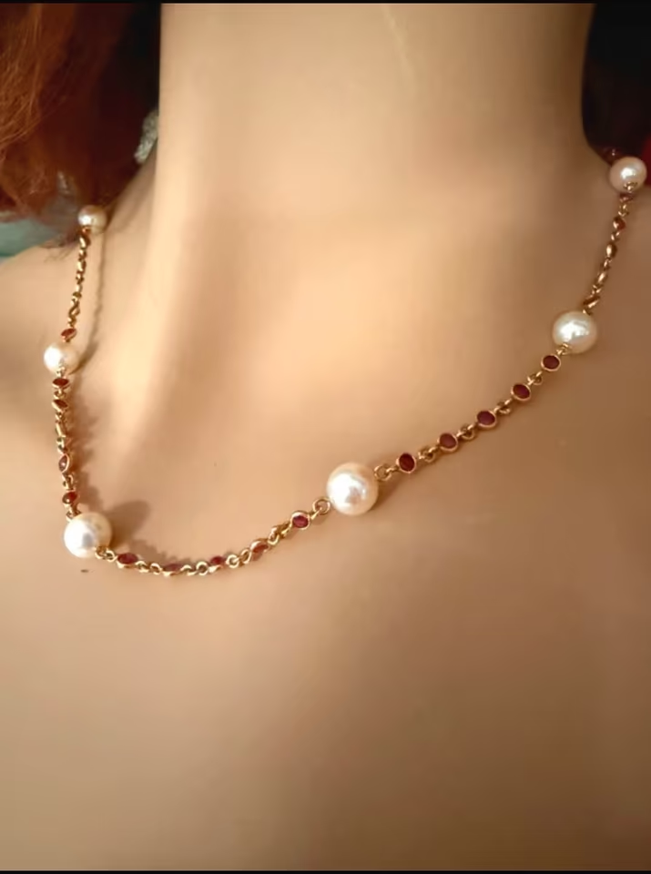 18K Goldkette Vintage 48 cm – Rubine & Zuchtperlen,