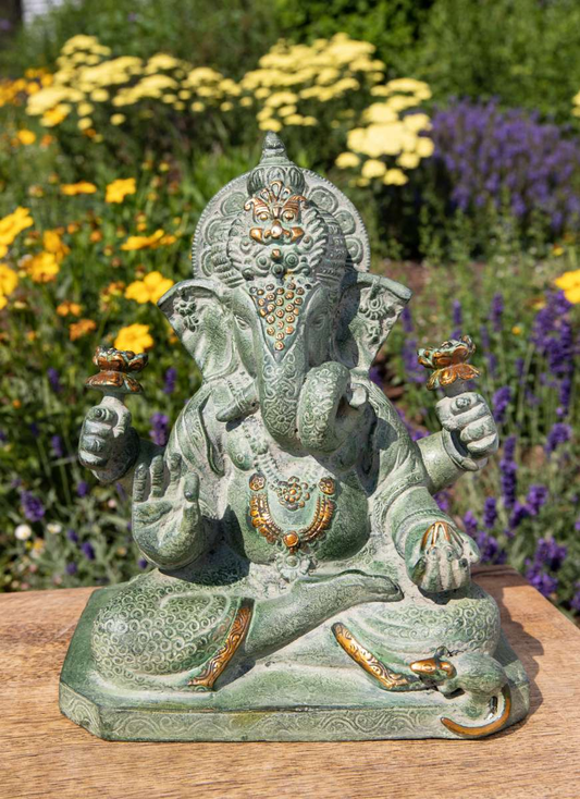 Ganesha Statue aus grünem Sandstein & Messing - 22,5 cm / 5,3 kg