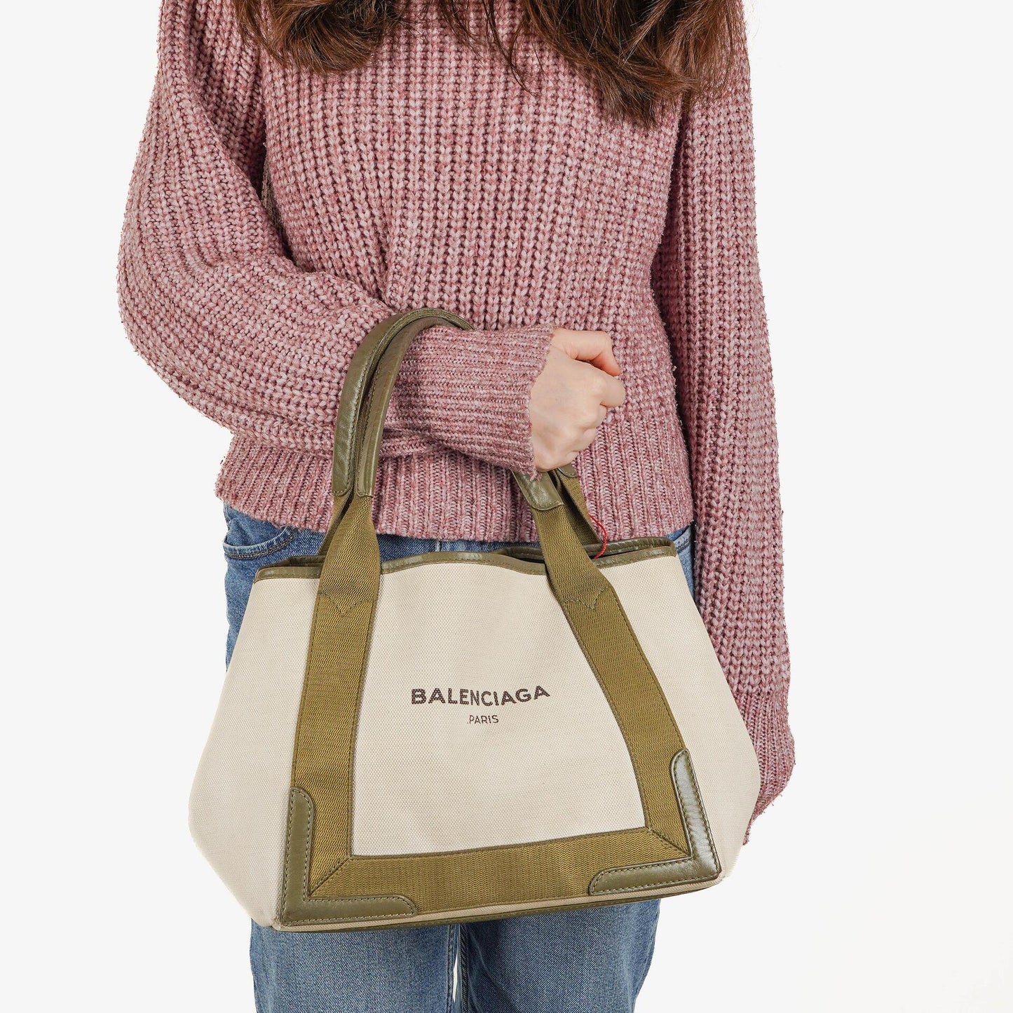 Balenciaga Navy Cabas Kleine Grüne Kalbsleder-Baumwoll-Canvas-Tasche