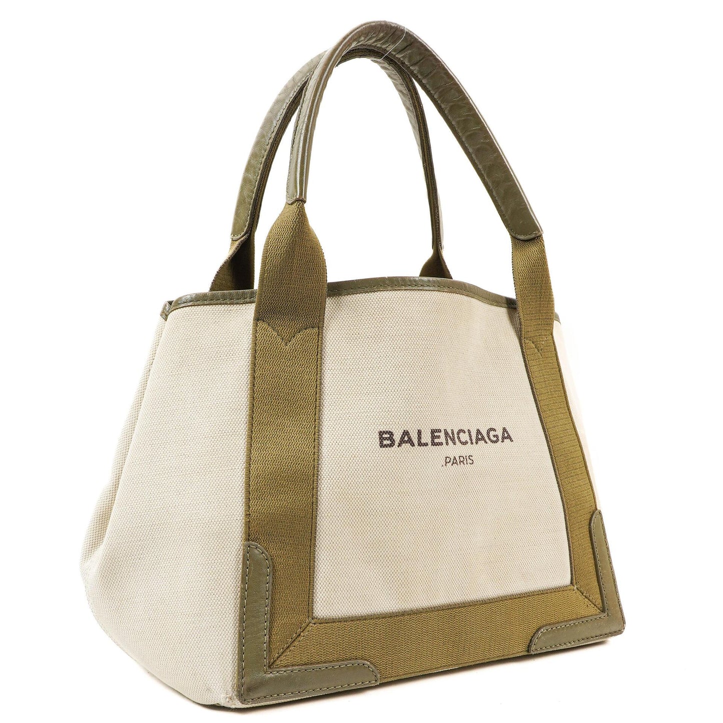 Balenciaga Navy Cabas Kleine Grüne Kalbsleder-Baumwoll-Canvas-Tasche