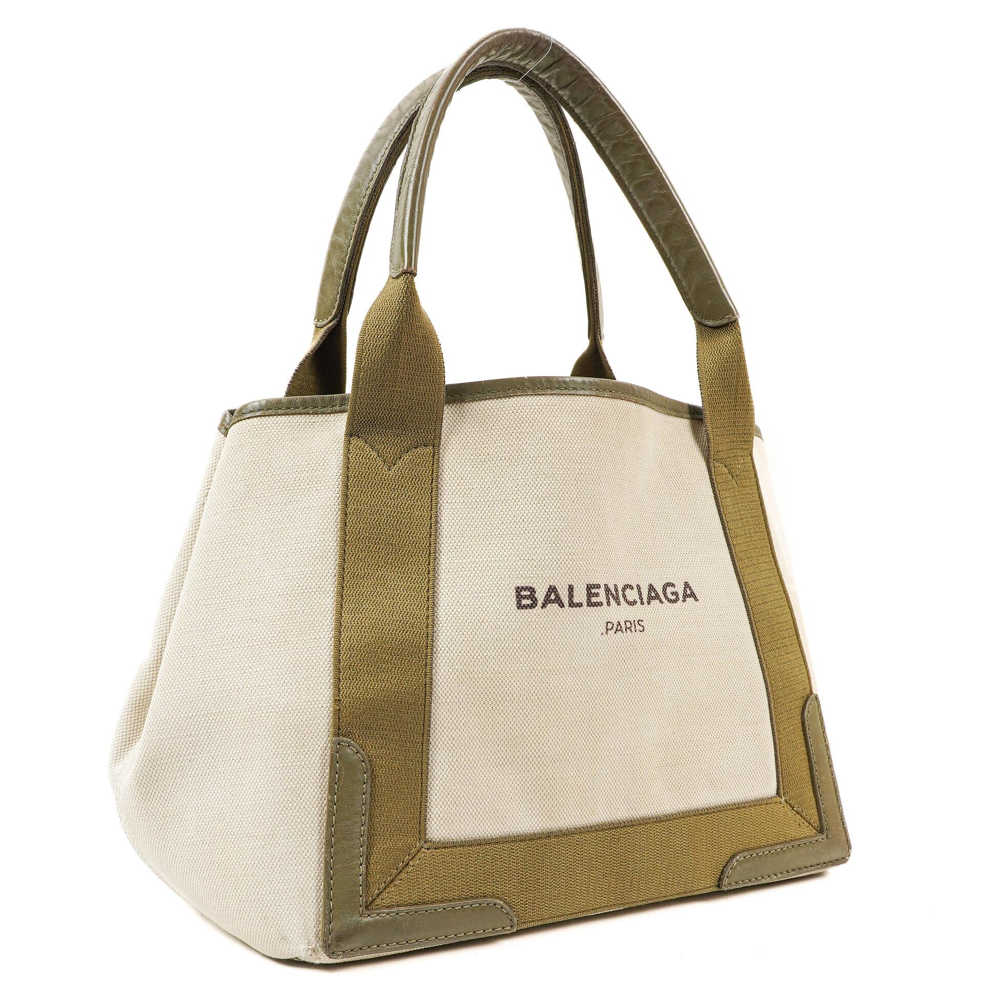 Balenciaga Navy Cabas Kleine Grüne Kalbsleder-Baumwoll-Canvas-Tasche