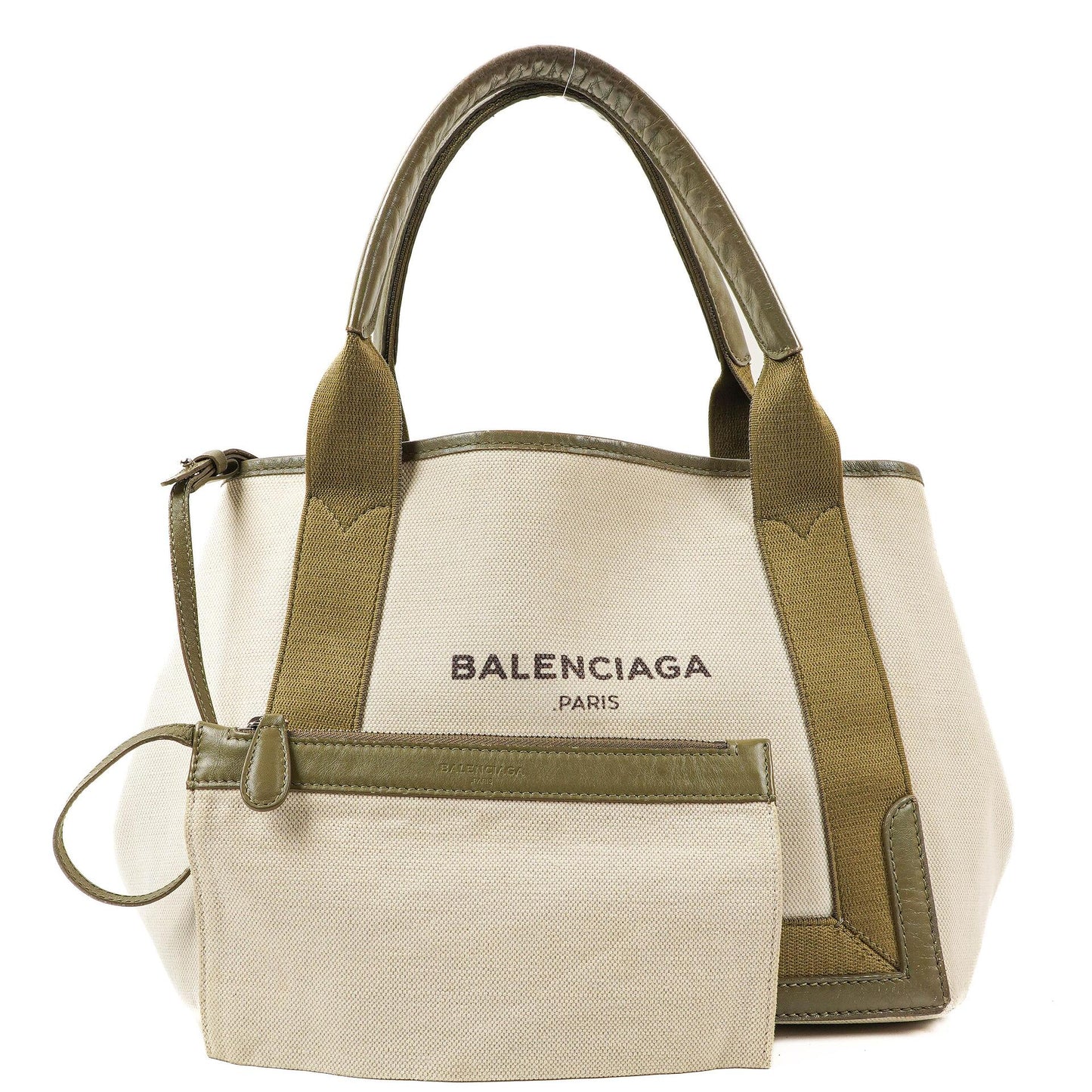 Balenciaga Navy Cabas Kleine Grüne Kalbsleder-Baumwoll-Canvas-Tasche