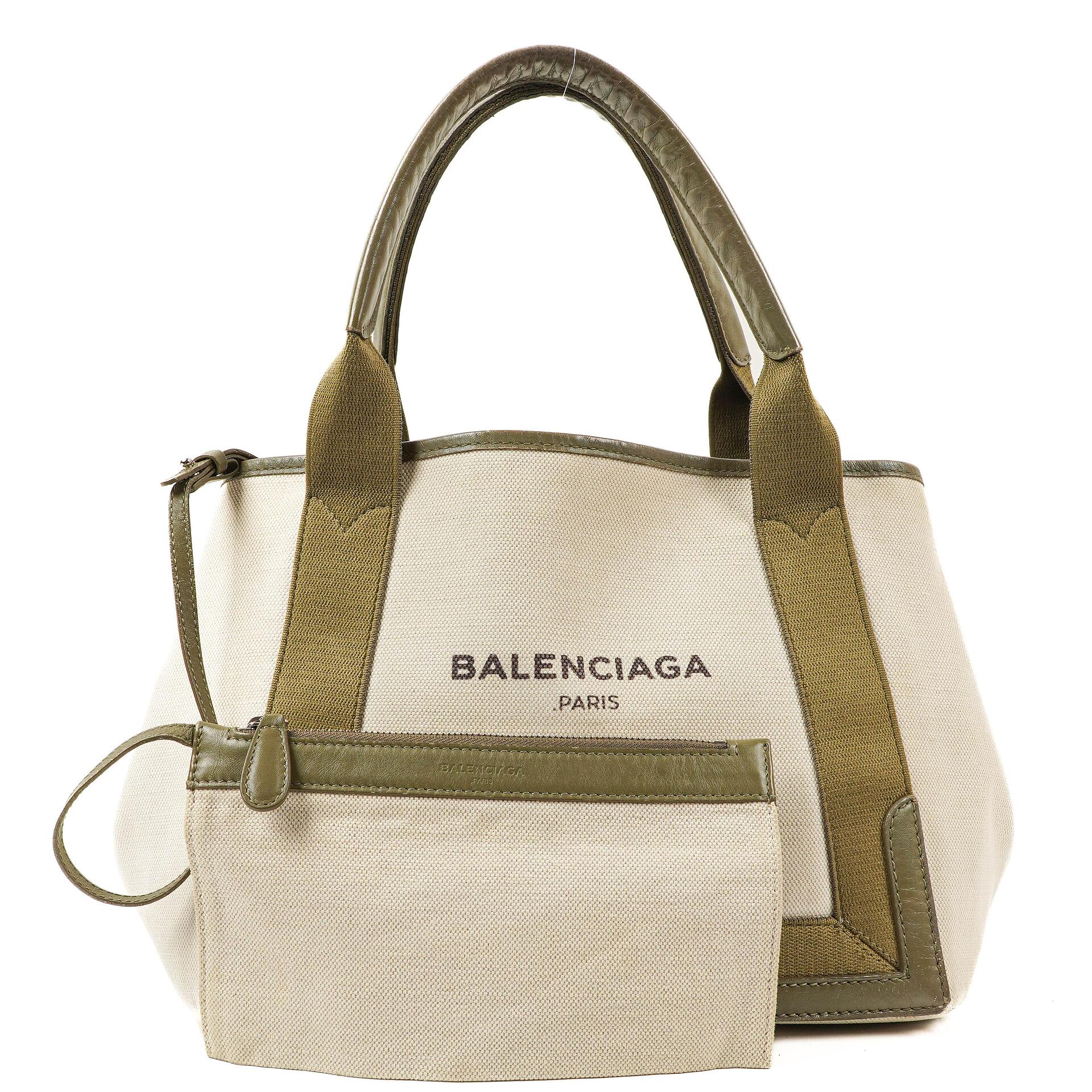 Balenciaga Navy Cabas Kleine Grüne Kalbsleder-Baumwoll-Canvas-Tasche