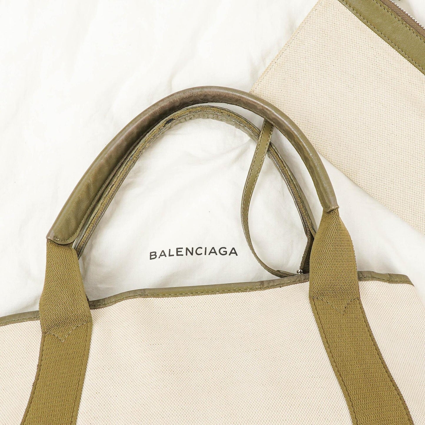 Balenciaga Navy Cabas Kleine Grüne Kalbsleder-Baumwoll-Canvas-Tasche