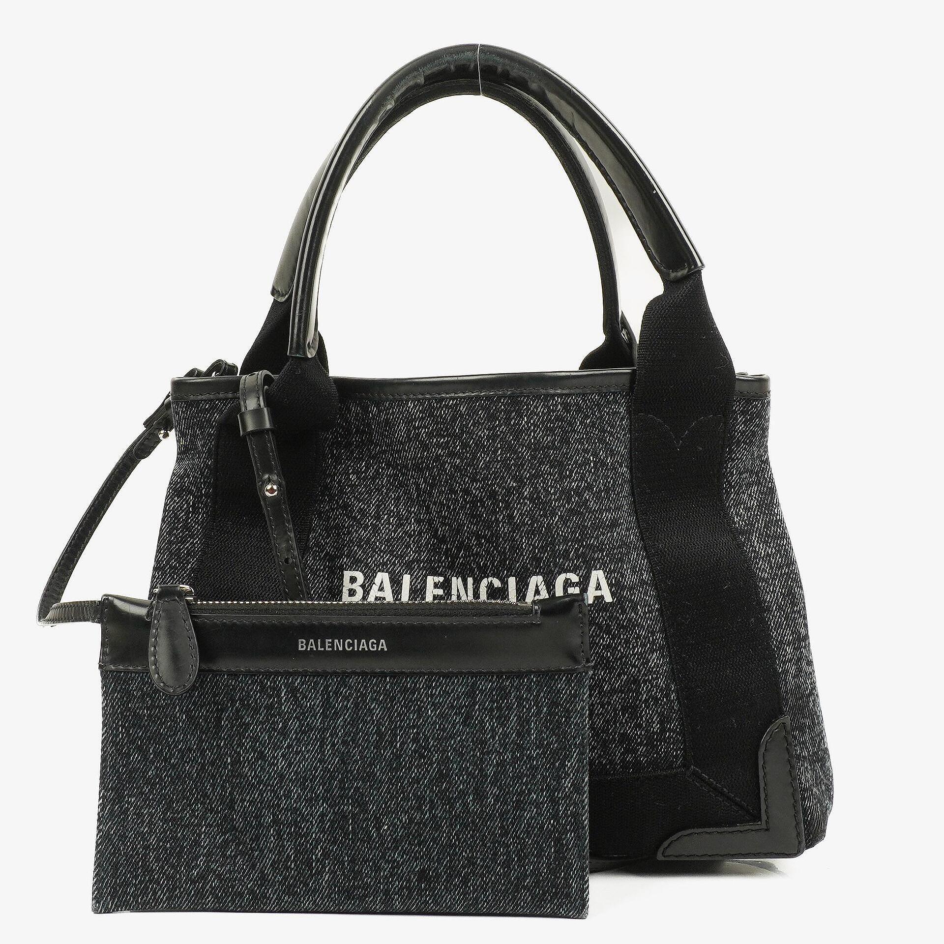 Balenciaga Navy Cabas XS Tasche Gewaschener Denim-Stoff Schwarz Satin-Kalbsleder