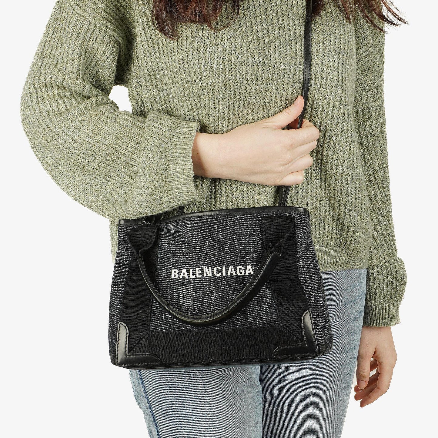 Balenciaga Navy Cabas XS Tasche Gewaschener Denim-Stoff Schwarz Satin-Kalbsleder