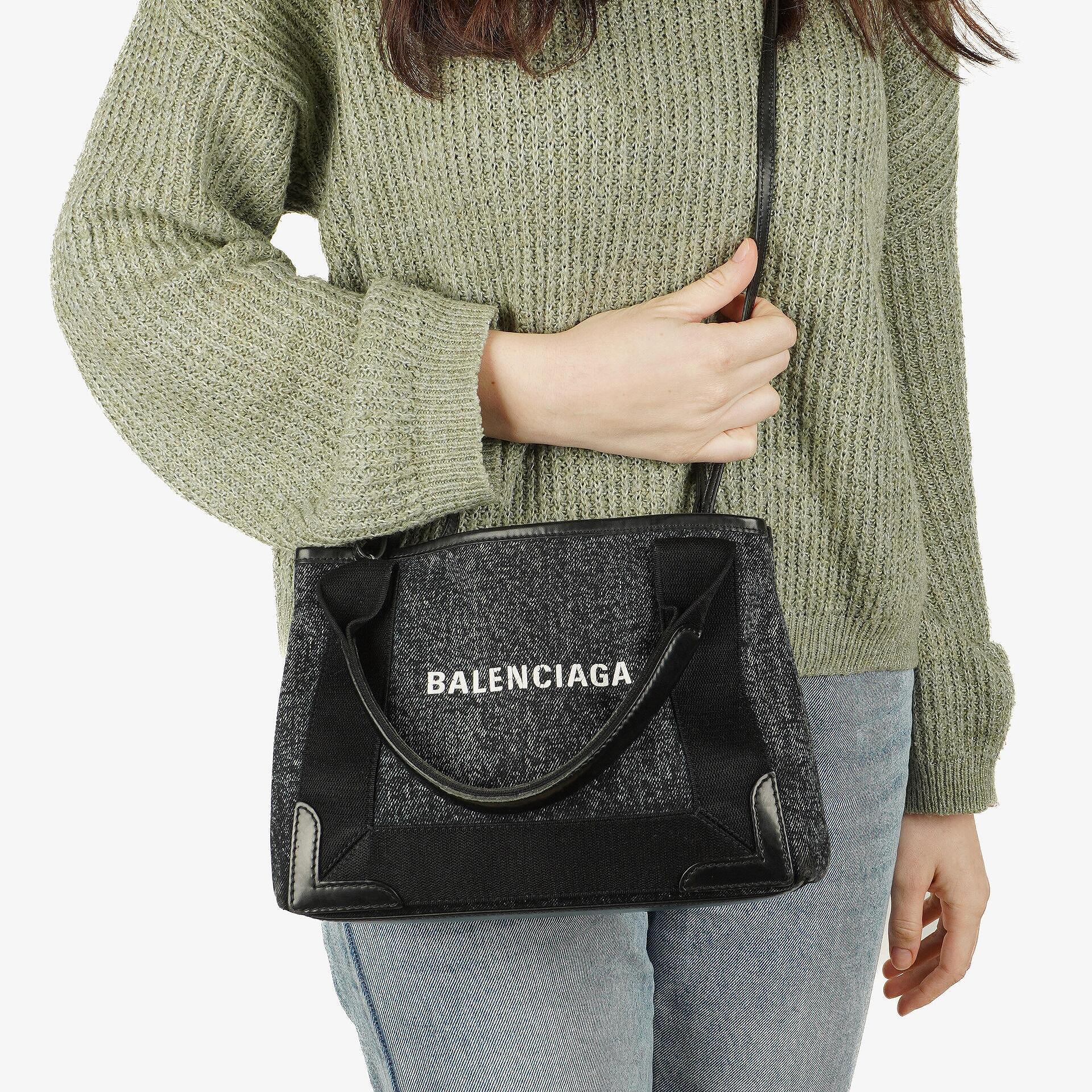 Balenciaga Navy Cabas XS Tasche Gewaschener Denim-Stoff Schwarz Satin-Kalbsleder