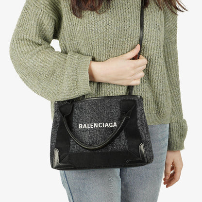Balenciaga Navy Cabas XS Tasche Gewaschener Denim-Stoff Schwarz Satin-Kalbsleder
