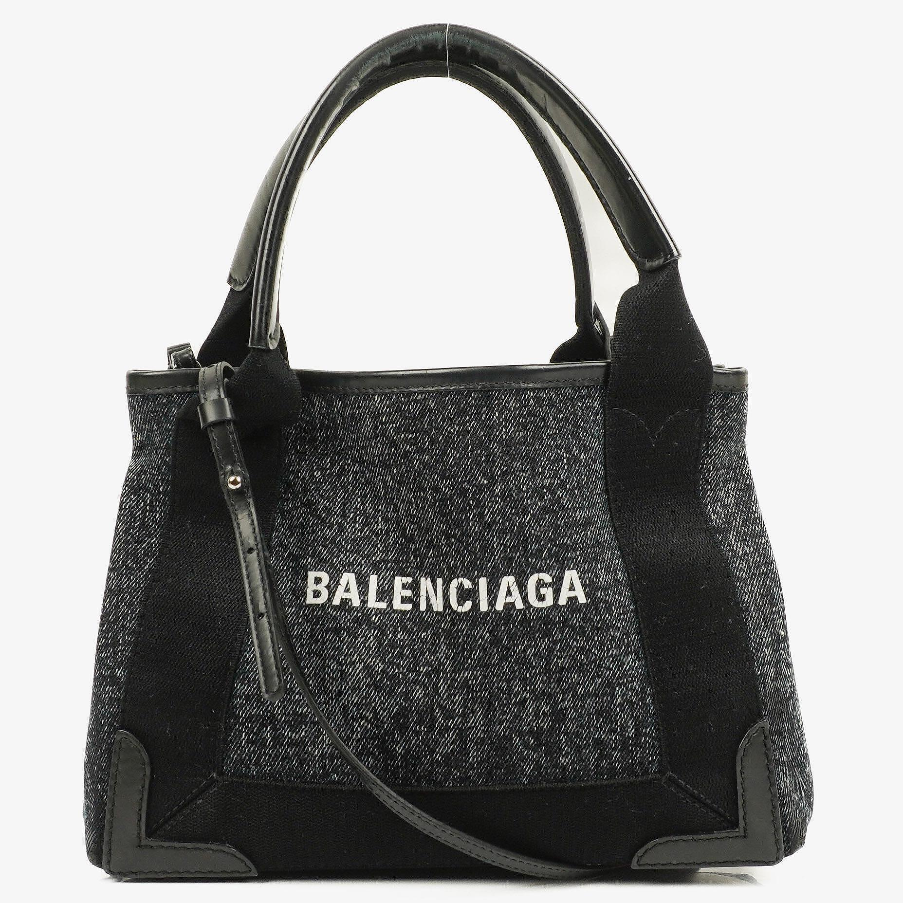 Balenciaga Navy Cabas XS Tasche Gewaschener Denim-Stoff Schwarz Satin-Kalbsleder