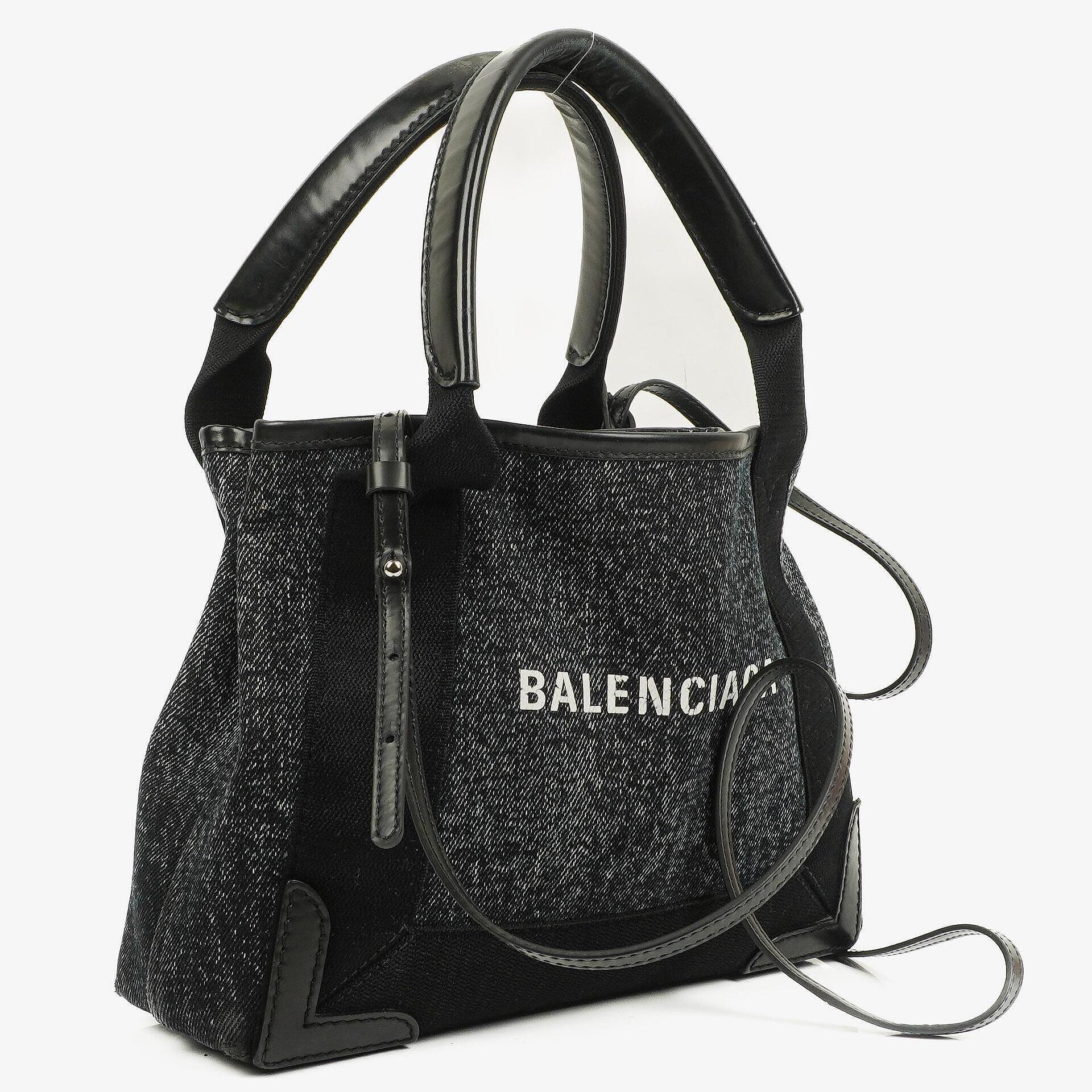 Balenciaga Navy Cabas XS Tasche Gewaschener Denim-Stoff Schwarz Satin-Kalbsleder