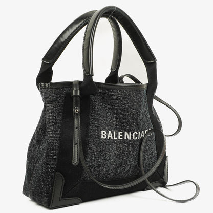 Balenciaga Navy Cabas XS Tasche Gewaschener Denim-Stoff Schwarz Satin-Kalbsleder