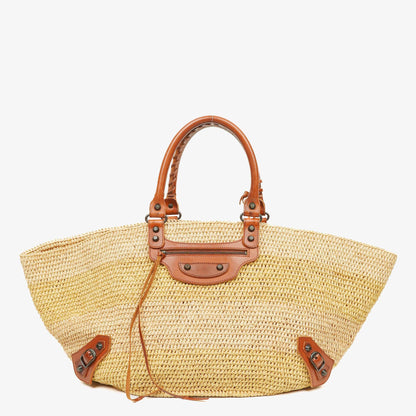 Balenciaga Large Panier Tragetasche aus geflochtenem Raffia und braunem Leder