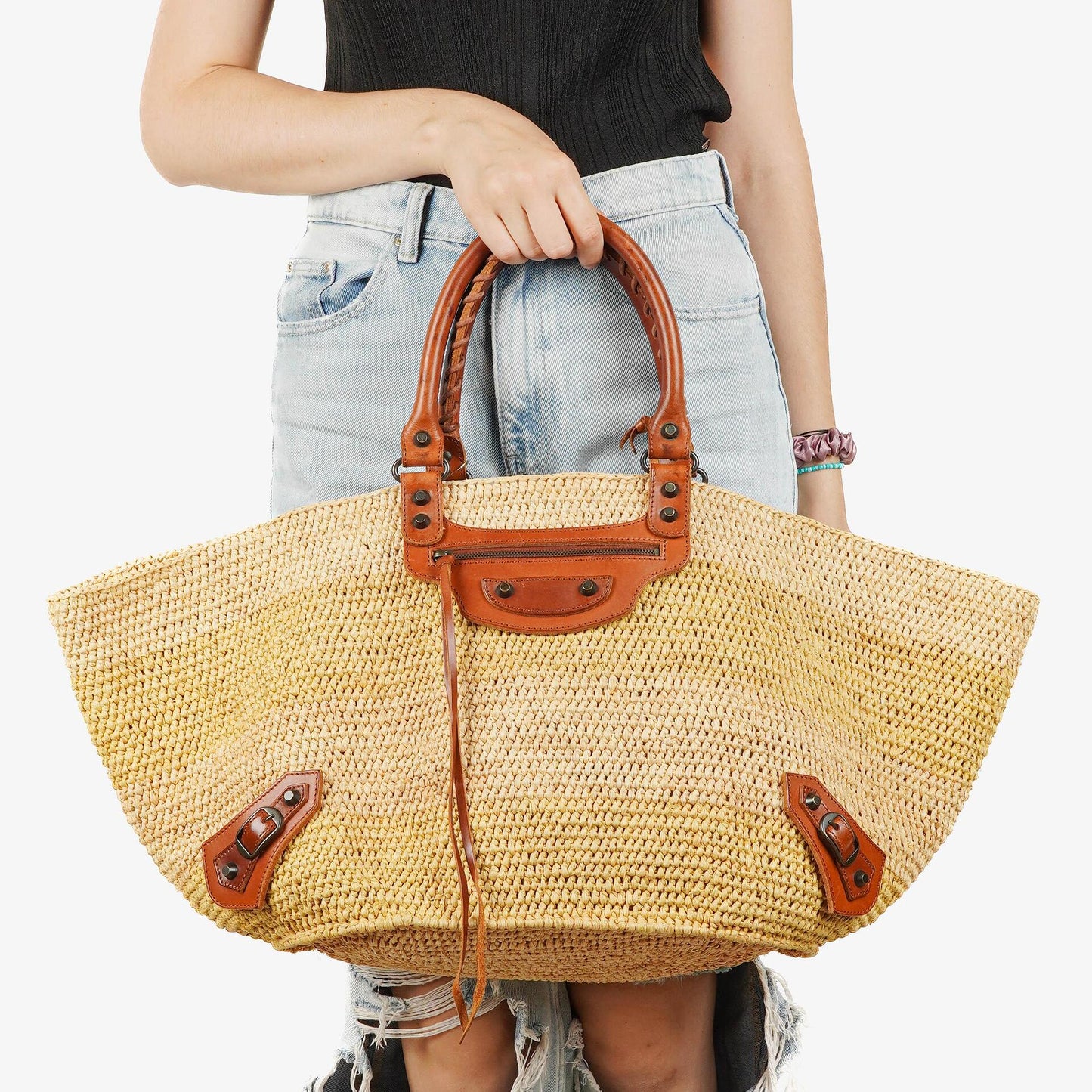 Balenciaga Large Panier Tragetasche aus geflochtenem Raffia und braunem Leder
