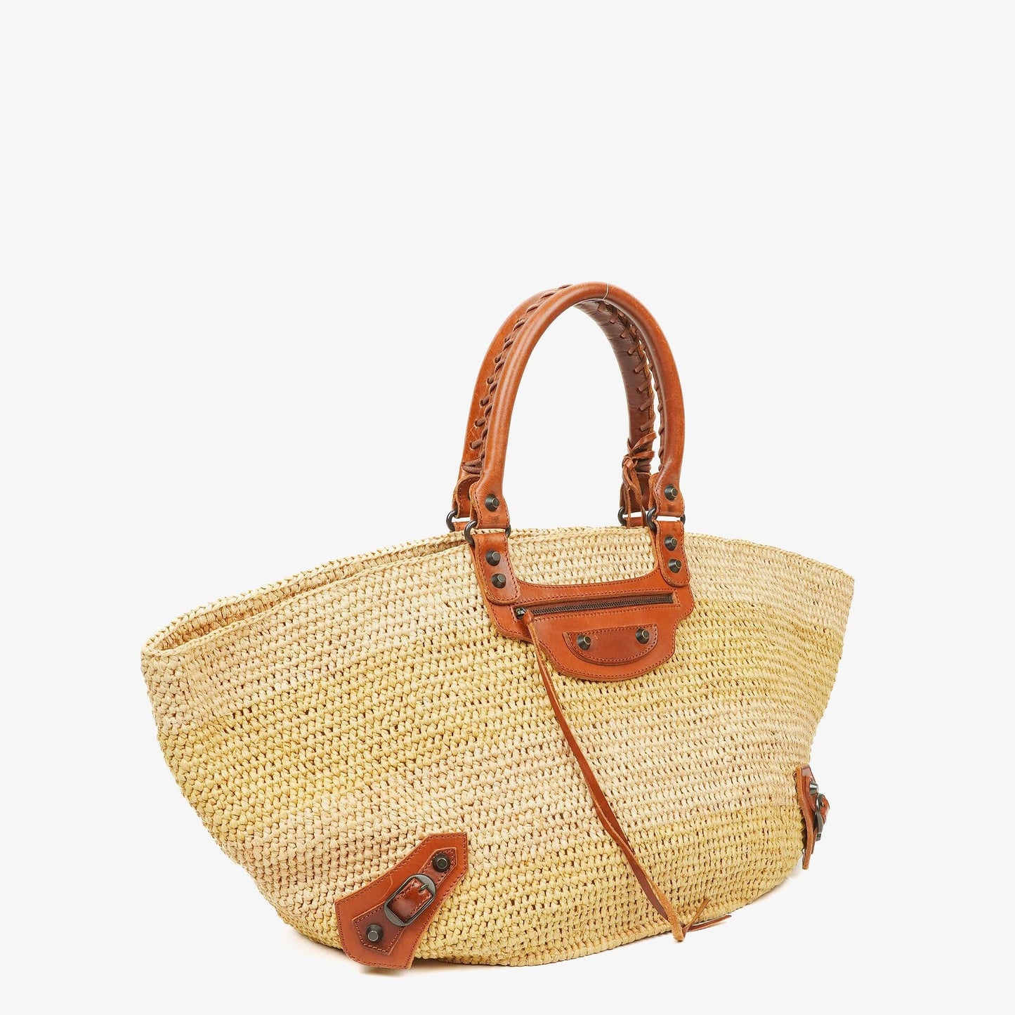 Balenciaga Large Panier Tragetasche aus geflochtenem Raffia und braunem Leder