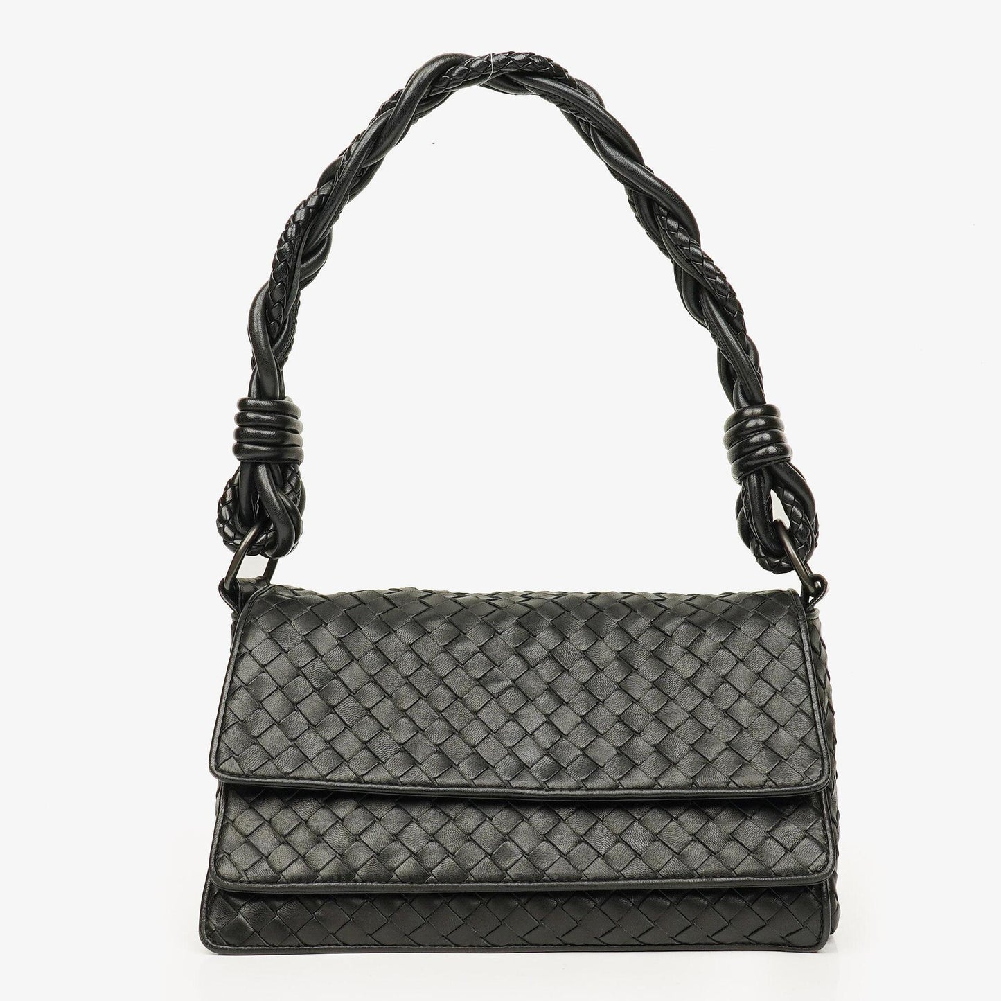 Bottega Veneta Schwarze Intrecciato Leder Geflochtener Griff Klapp-Schultertasche
