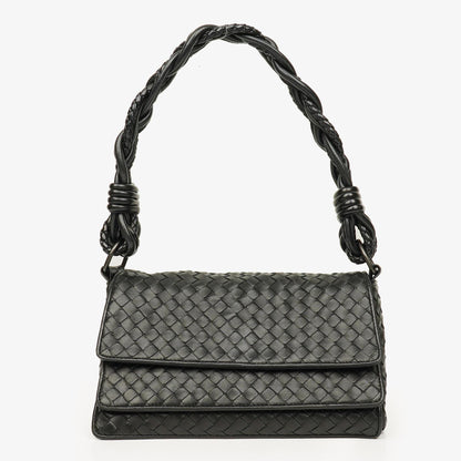 Bottega Veneta Schwarze Intrecciato Leder Geflochtener Griff Klapp-Schultertasche