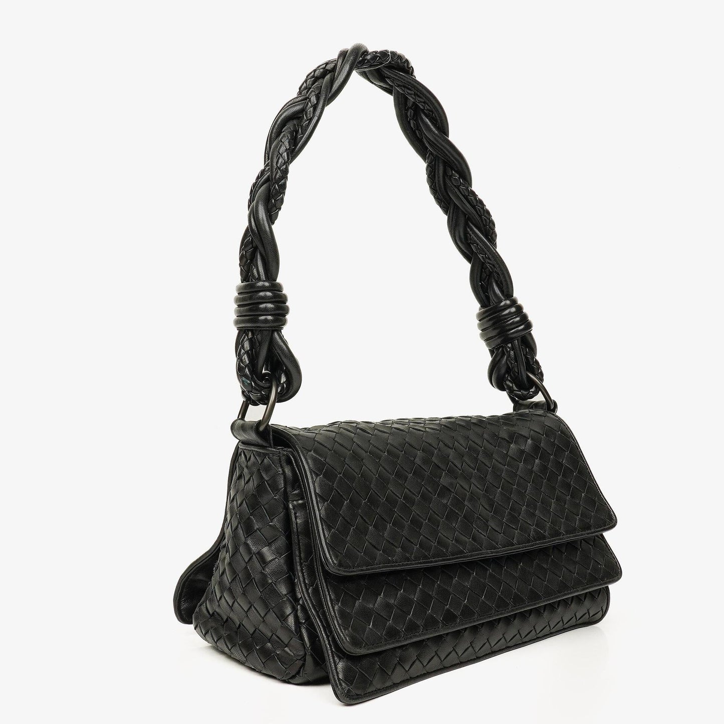 Bottega Veneta Schwarze Intrecciato Leder Geflochtener Griff Klapp-Schultertasche