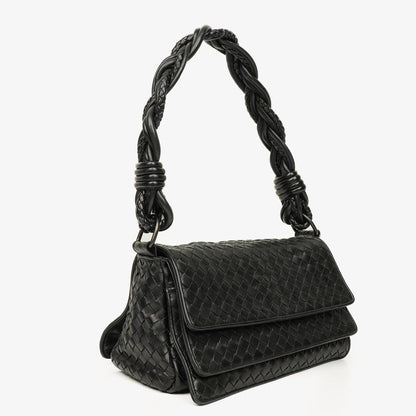 Bottega Veneta Schwarze Intrecciato Leder Geflochtener Griff Klapp-Schultertasche