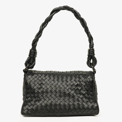 Bottega Veneta Schwarze Intrecciato Leder Geflochtener Griff Klapp-Schultertasche