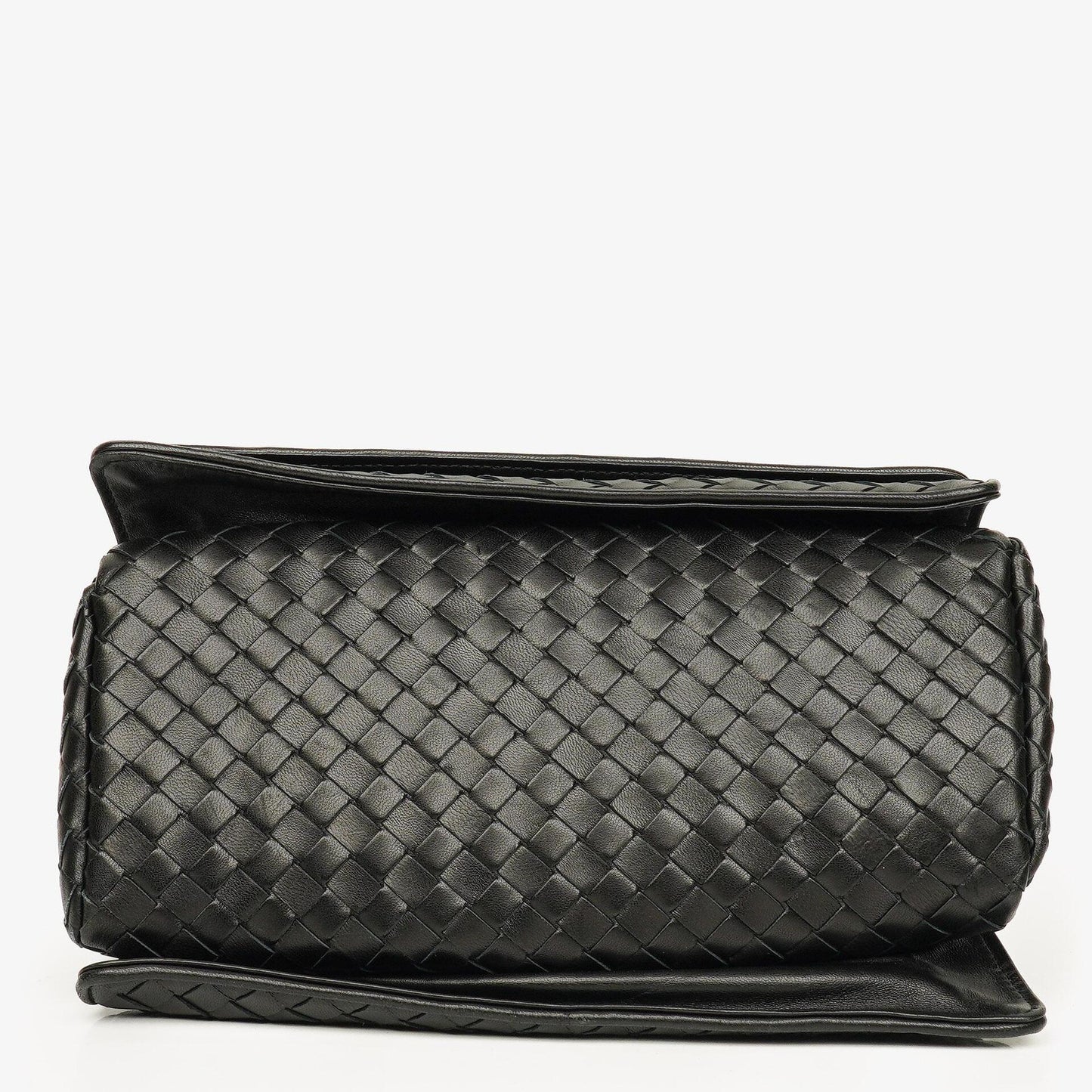 Bottega Veneta Schwarze Intrecciato Leder Geflochtener Griff Klapp-Schultertasche