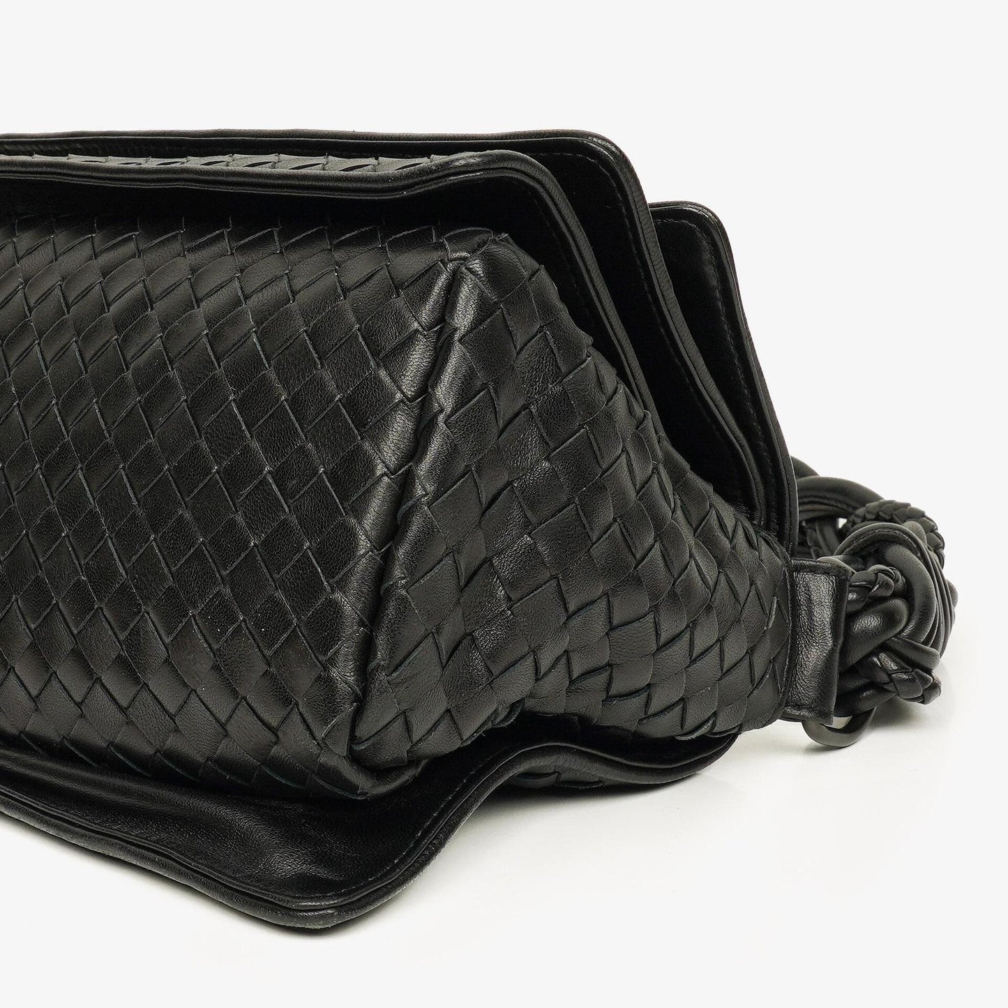 Bottega Veneta Schwarze Intrecciato Leder Geflochtener Griff Klapp-Schultertasche