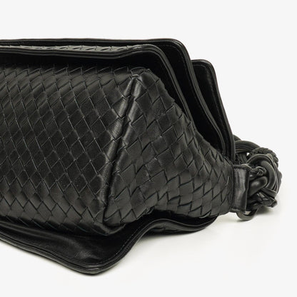 Bottega Veneta Schwarze Intrecciato Leder Geflochtener Griff Klapp-Schultertasche