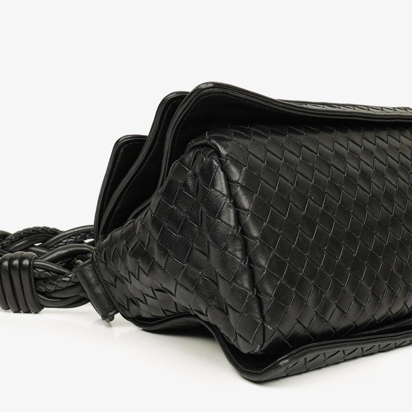 Bottega Veneta Schwarze Intrecciato Leder Geflochtener Griff Klapp-Schultertasche
