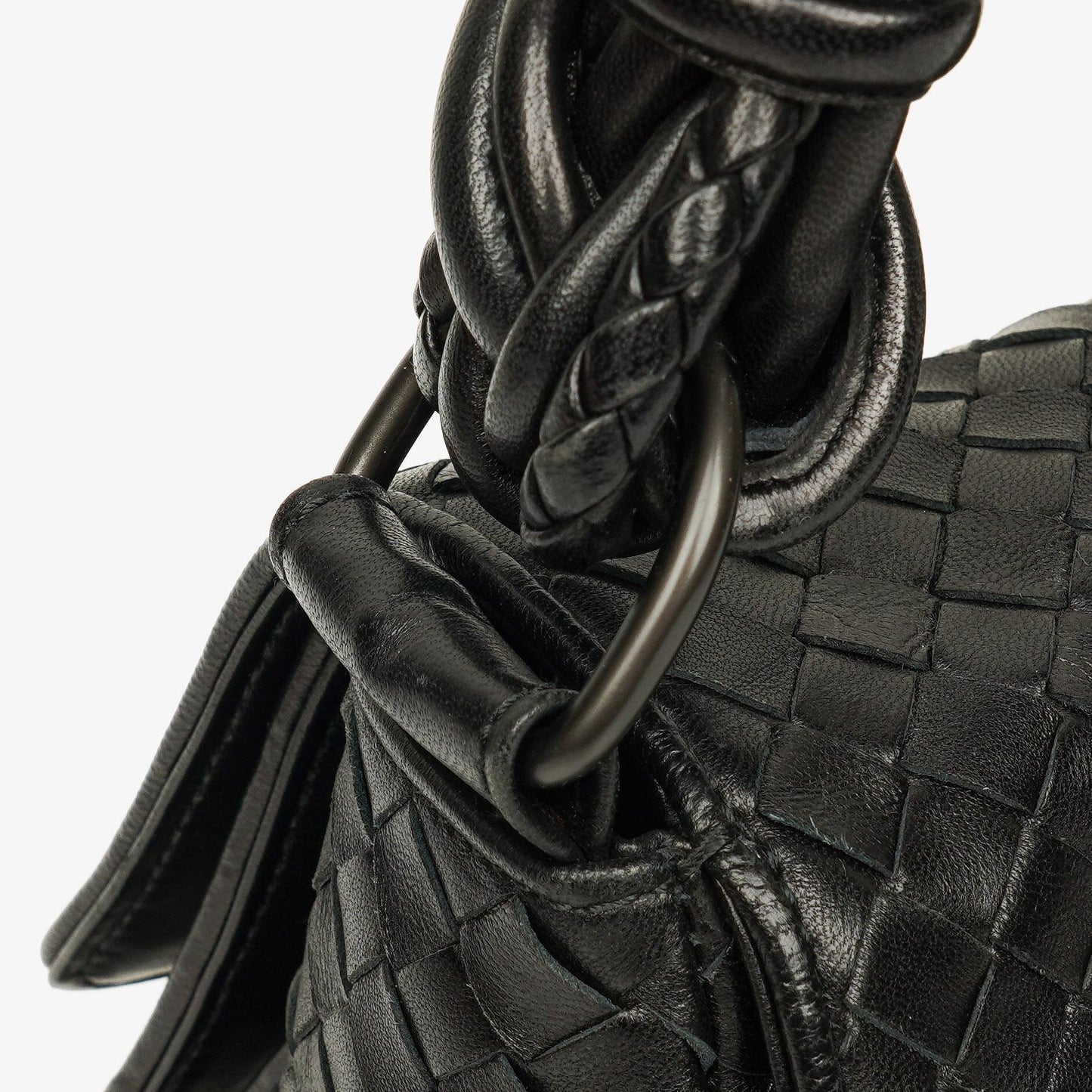 Bottega Veneta Schwarze Intrecciato Leder Geflochtener Griff Klapp-Schultertasche