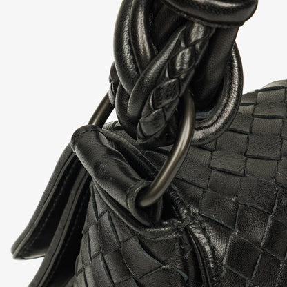 Bottega Veneta Schwarze Intrecciato Leder Geflochtener Griff Klapp-Schultertasche