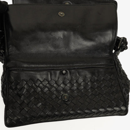 Bottega Veneta Schwarze Intrecciato Leder Geflochtener Griff Klapp-Schultertasche