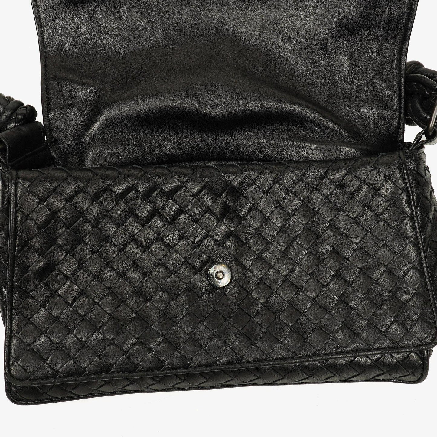 Bottega Veneta Schwarze Intrecciato Leder Geflochtener Griff Klapp-Schultertasche