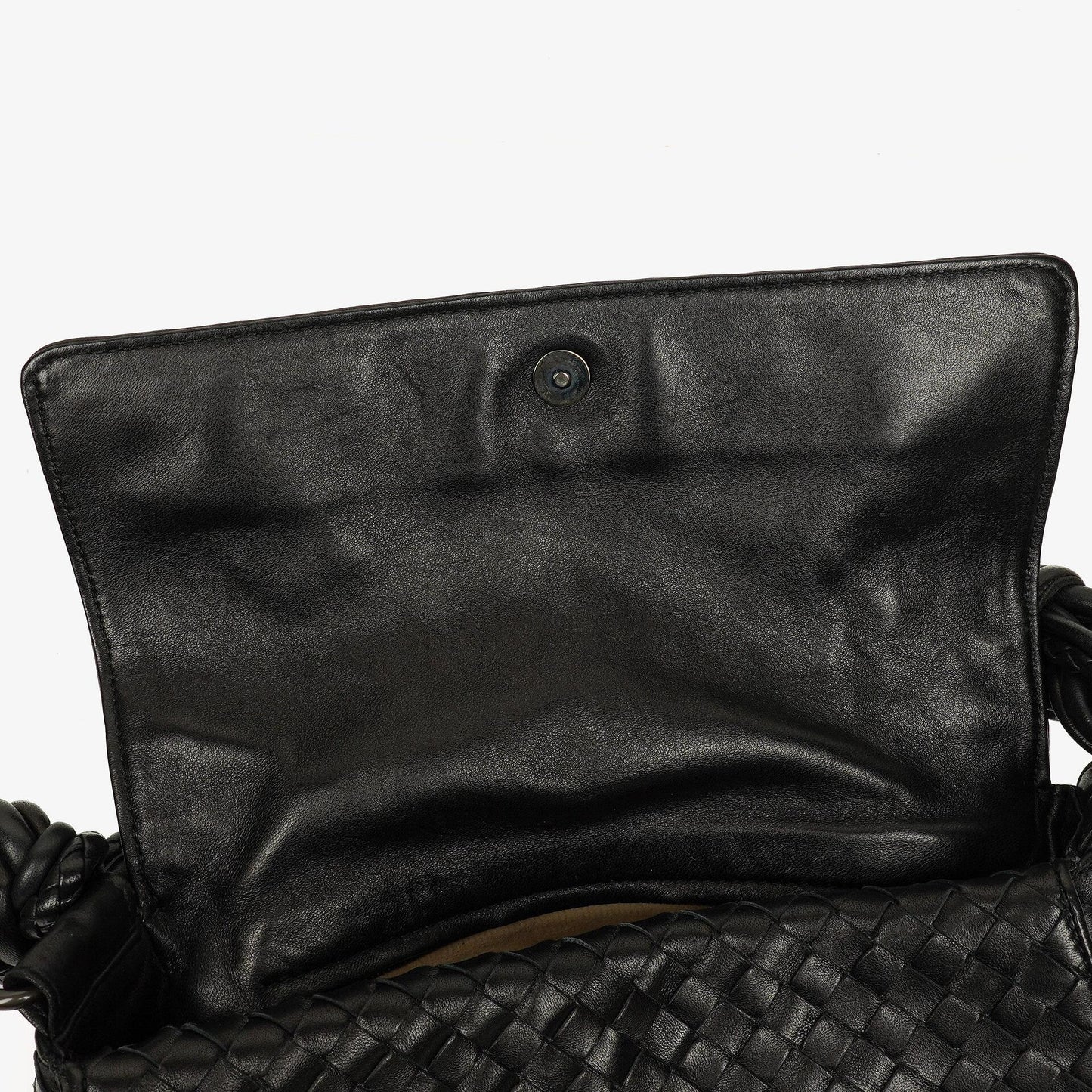 Bottega Veneta Schwarze Intrecciato Leder Geflochtener Griff Klapp-Schultertasche