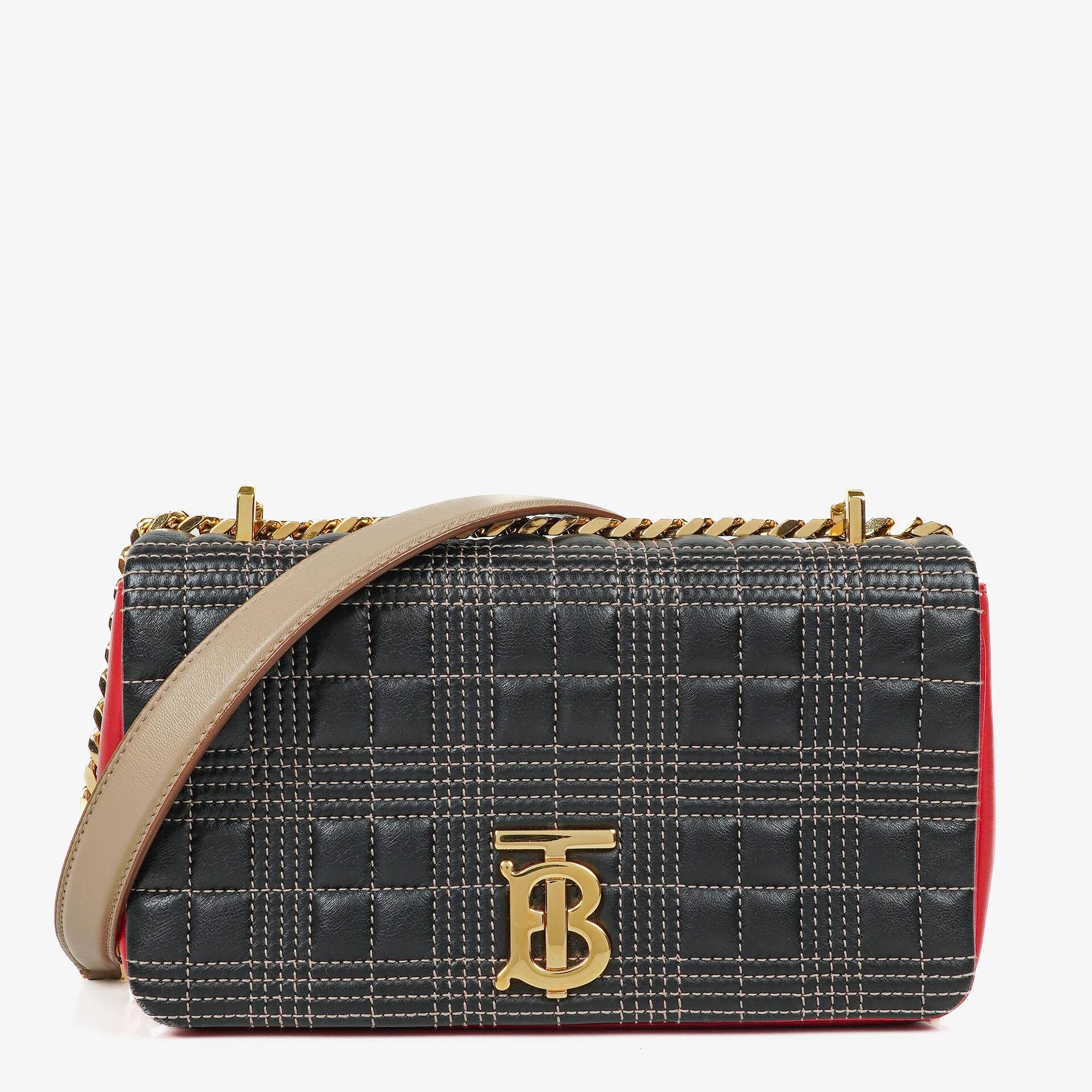 Burberry Kleine Lola aus gestepptem Leder in Schwarz/Rot/Kamel mit Karo-Muster