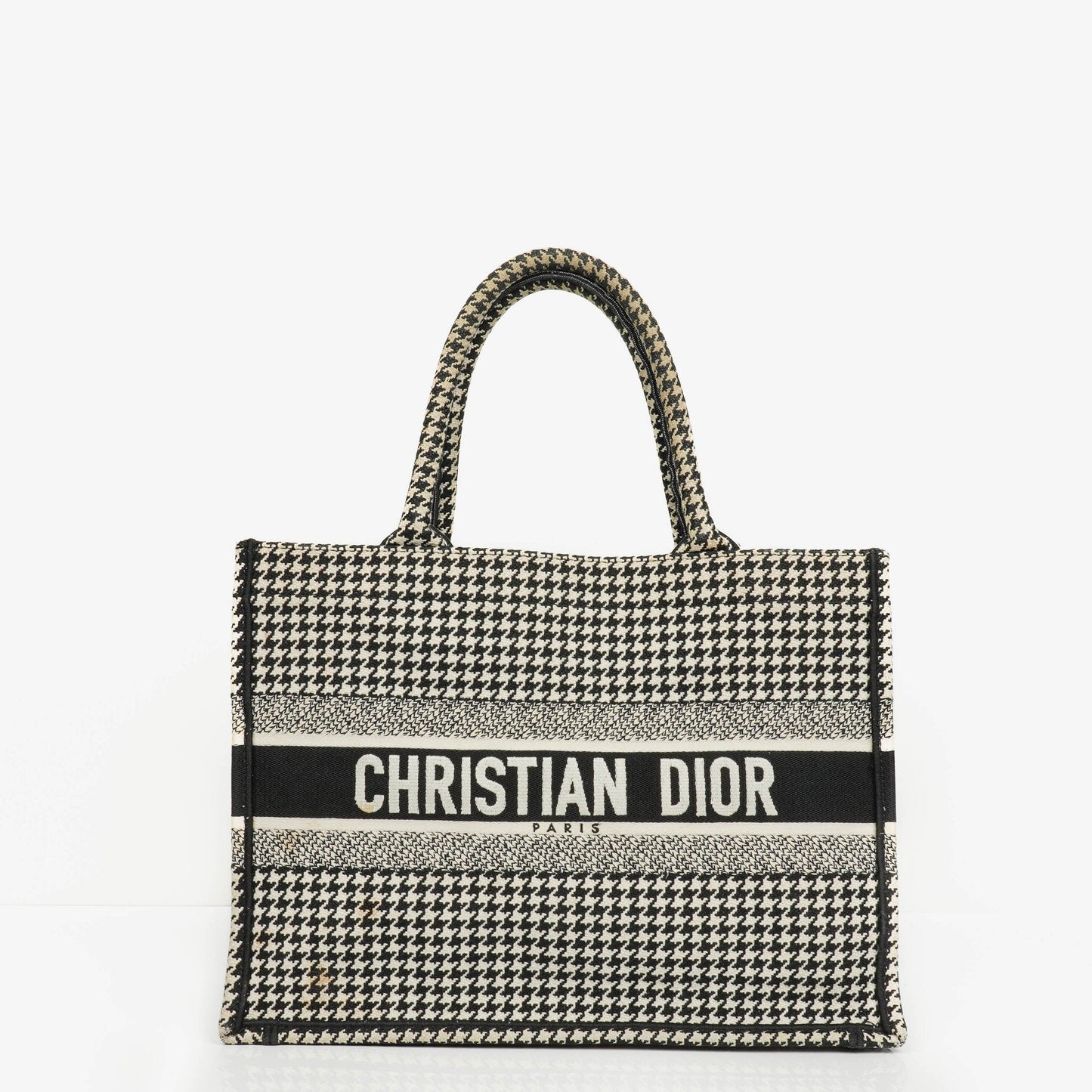Christian Dior Book Tote Medium aus Canvas mit Hahnentritt-Stickerei in Schwarz und Weiß