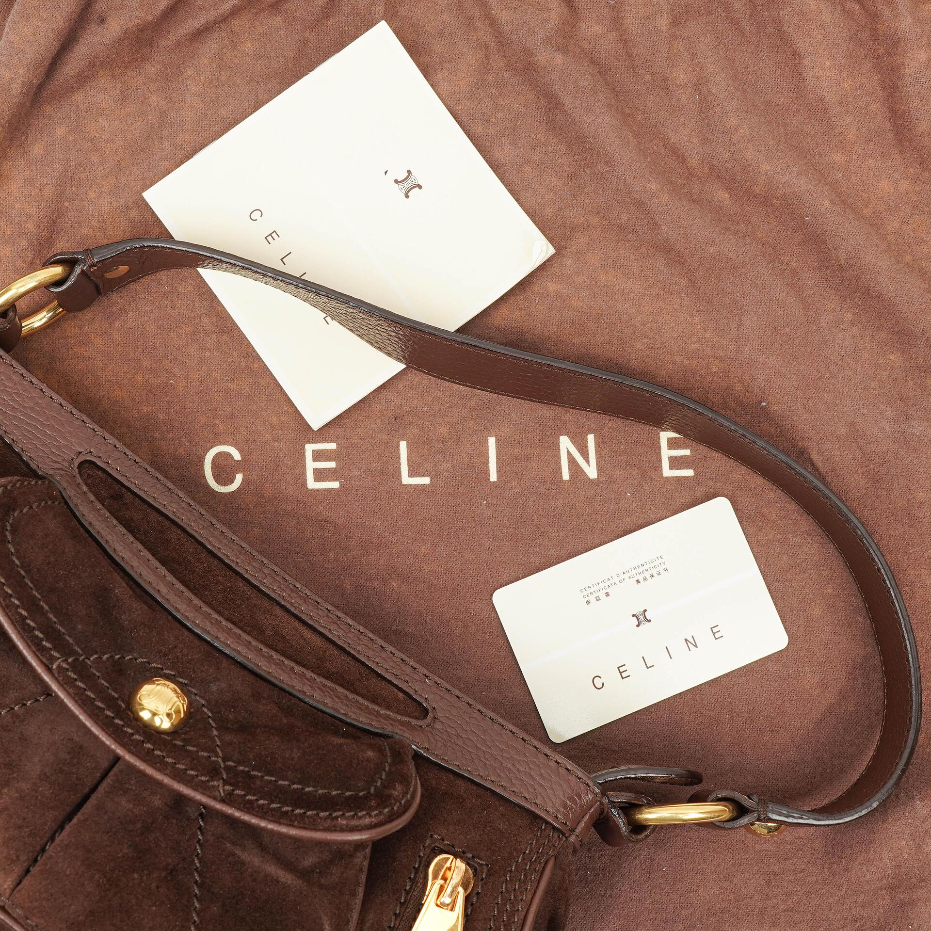 Céline Braune Wildleder- und Leder Schultertasche