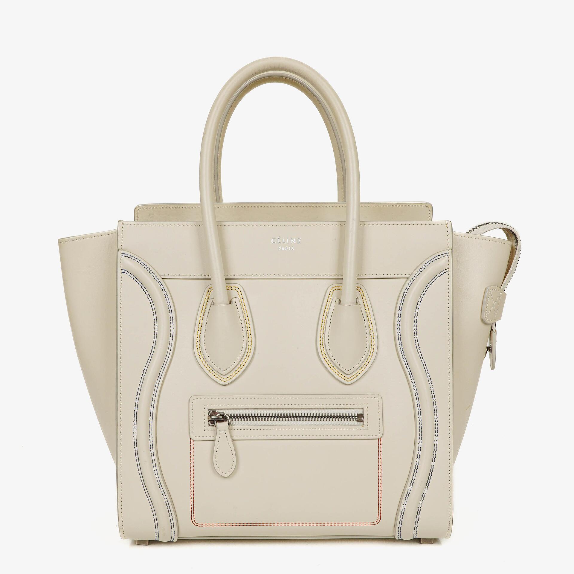 Celine Micro Luggage Handtasche aus cremefarbenem Kalbsleder mit mehrfarbigen Nähten